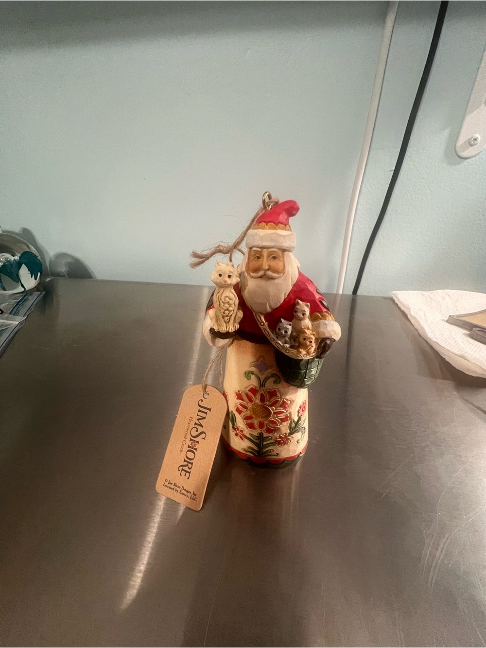 Jim Shore Red and Cream Santa with Kittens. Floral Folk Art